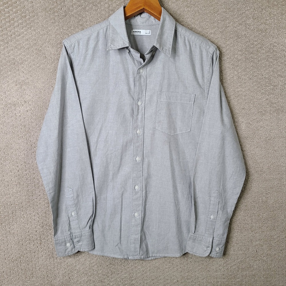 Sonoma Shirt Mens S Gray Button Down Oxford 100% Cotton Long Sleeve Casual‎